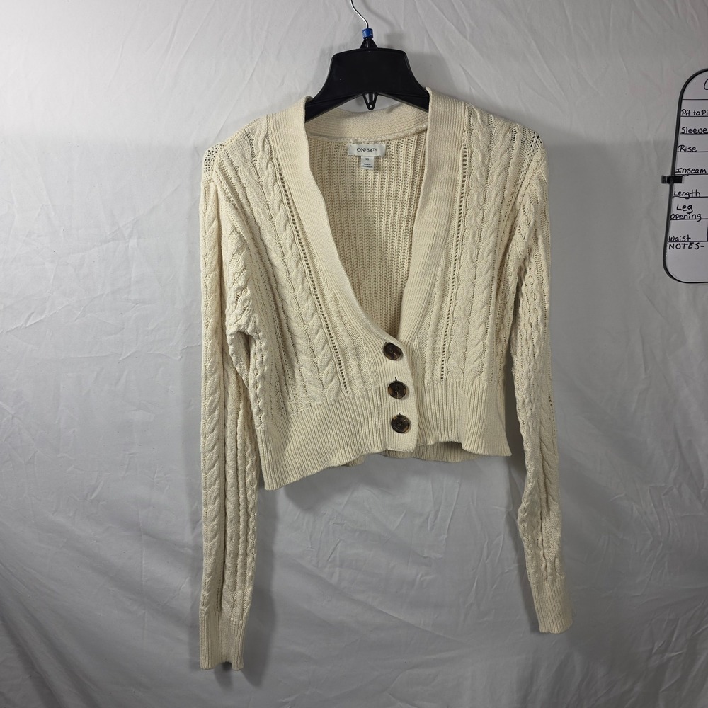 ON-34th Cardigan Sweater Womens XS Cream Excellent Cable Knit Cropped V-Neck